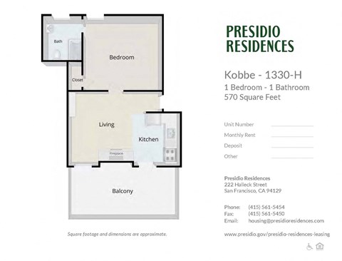 Floor plan for 1 bed, 1 bath, 570 sqft